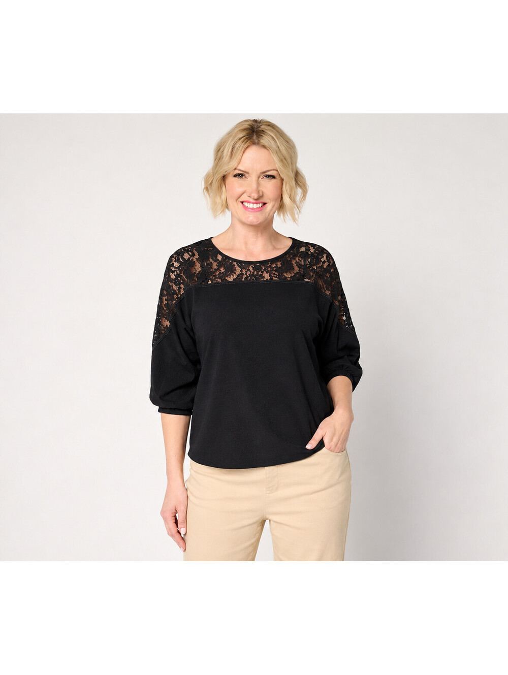 "As Is" BEAUTIFUL by Lawrence Zarian The Holly Lace 3/4 Sleeve Top Black, 2X